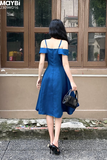 Đầm xòe bố len vai bệt có nơ gài trang trí