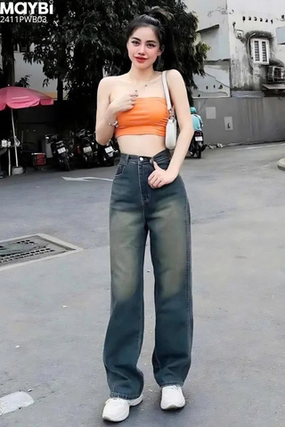 Quần jean ống suông wash màu xanh đậm