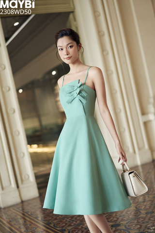 Đầm mini xòe bố len phối nơ trang trí lệch