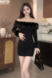 Đầm thun ôm trễ vai phối lông dáng mini