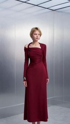 Đầm xoè vai xoắn kiểu dài tay dáng midi