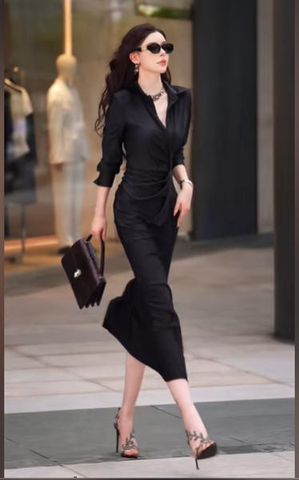 Đầm sơ mi dài tay dáng midi