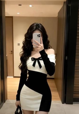 Đầm thun ôm trễ vai dài tay dáng mini