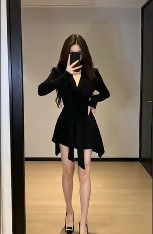 Đầm xòe dài tay buộc nơ eo dáng mini