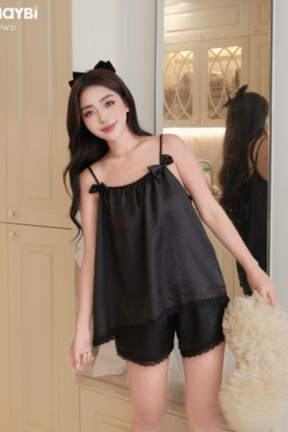 Bộ pyjama hai dây phối nơ ngắn chất lụa satin