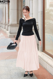Chân váy xòe nhún tầng midi cotton