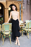 Chân váy midi ôm tuyết mưa phối xếp ly kiểu