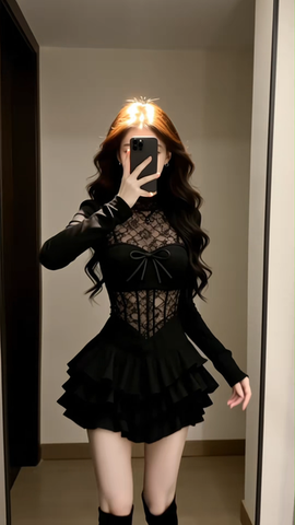 Đầm xòe dài tay phối ren dáng mini