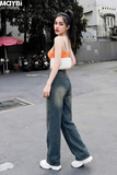 Quần jean ống suông wash màu xanh đậm