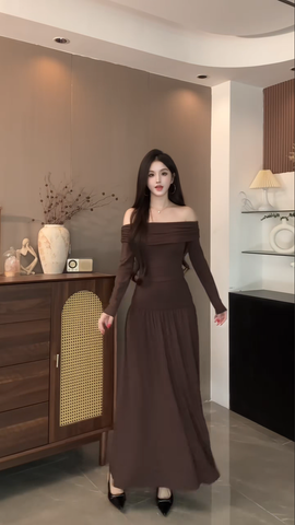 Đầm thun ôm trễ vai dài tay dáng maxi