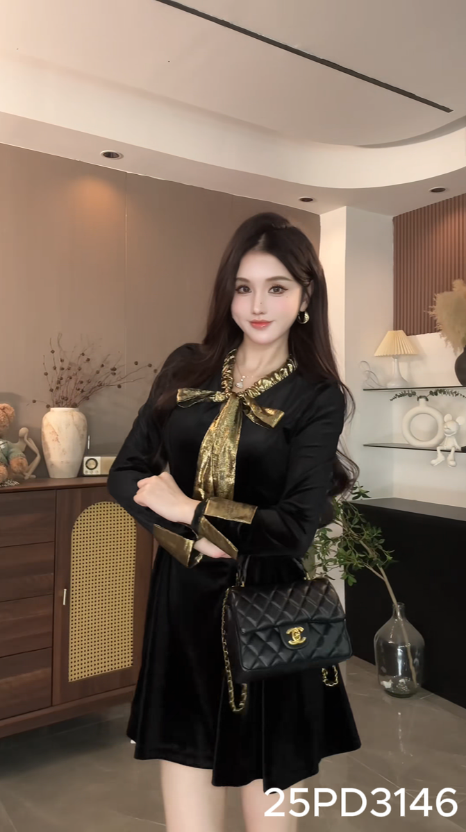 Đầm xòe dài tay cổ thắt nơ dáng mini