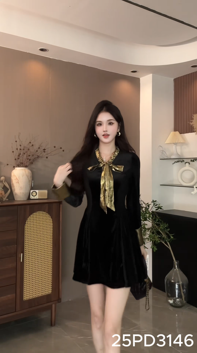 Đầm xòe dài tay cổ thắt nơ dáng mini