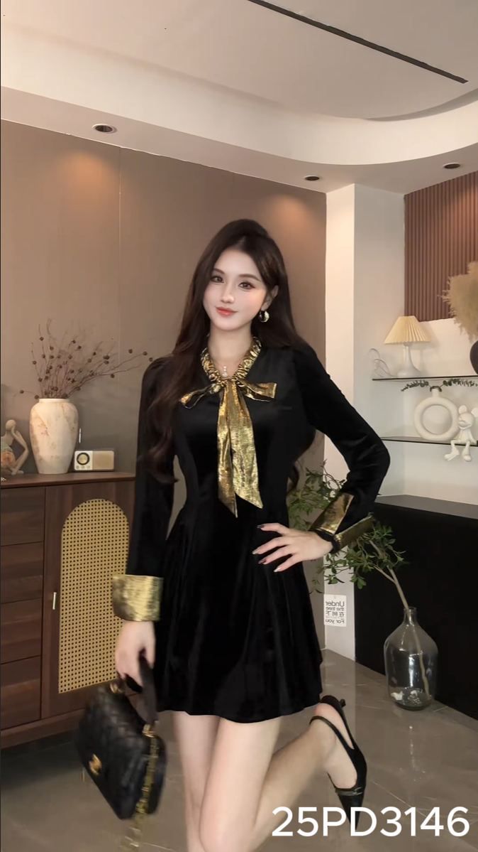 Đầm xòe dài tay cổ thắt nơ dáng mini