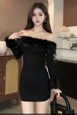 Đầm thun ôm trễ vai phối lông dáng mini