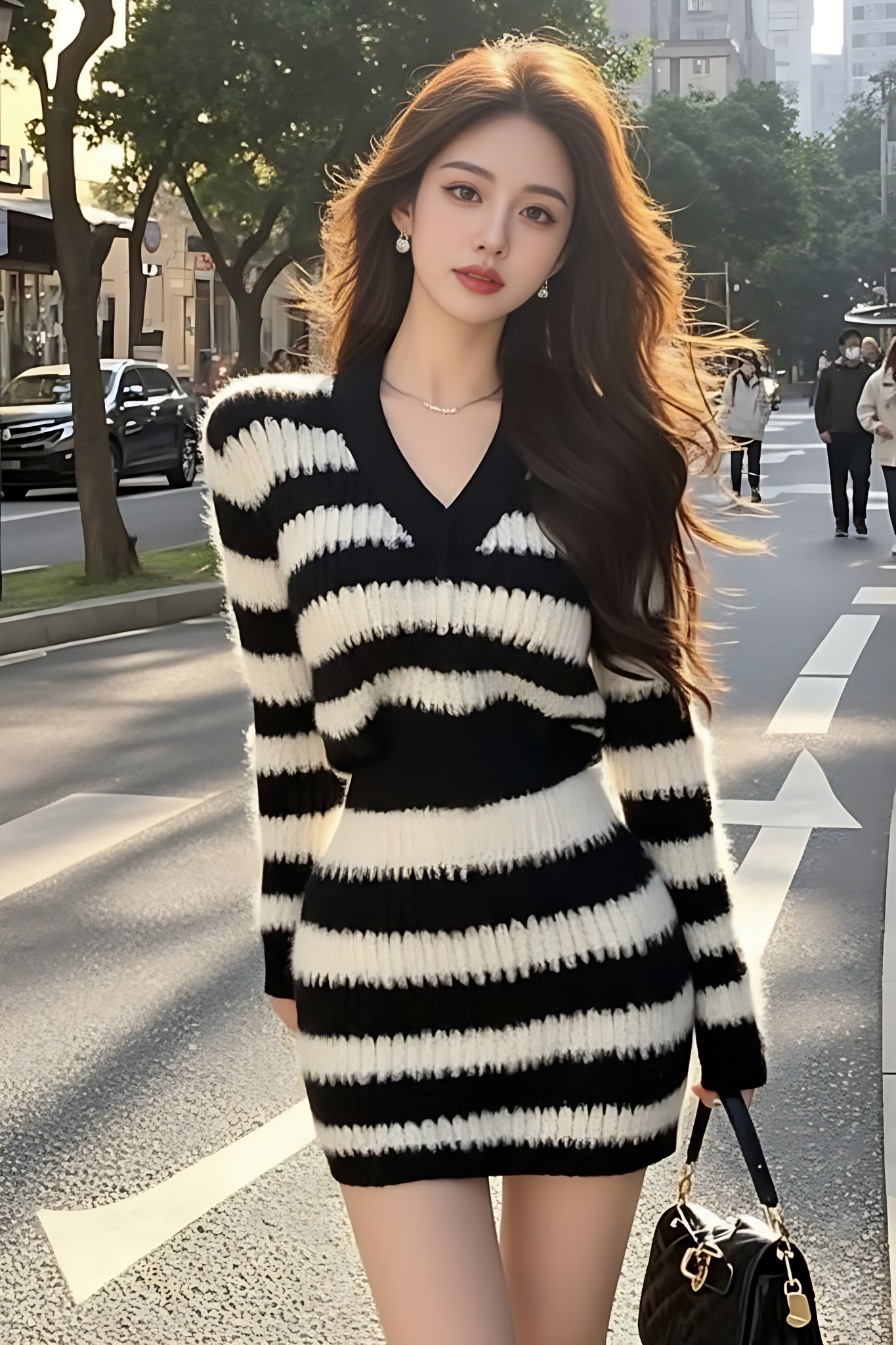 Đầm dệt kim sọc cổ V