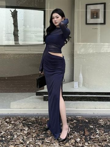 Đầm thun lưới rút dây dài tay