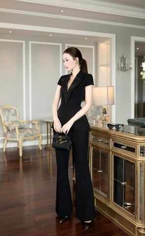 Set áo peplum cổ vest quần culottes ống loe