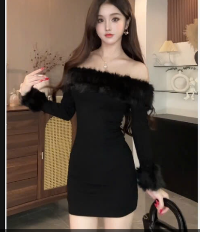 Đầm thun ôm trễ vai phối lông dáng mini