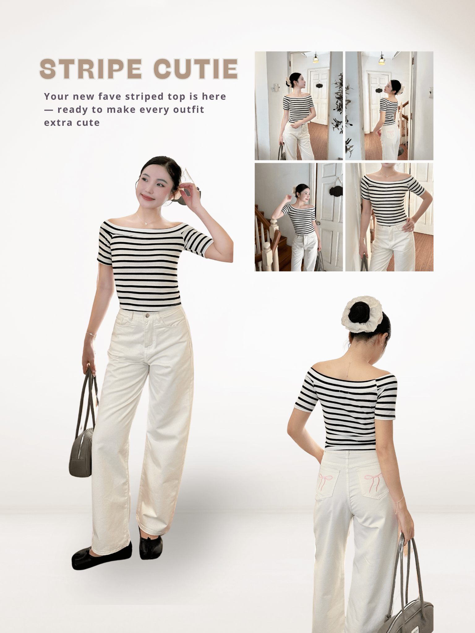 Áo kiểu ôm thun sọc trắng đen ngắn tay bẹt vai