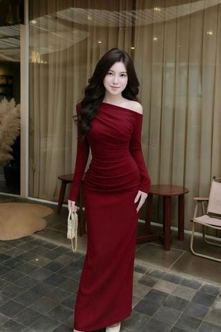 Đầm thun ôm dài tay lệch vai dáng dài