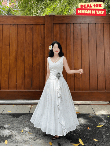 Đầm xòe cổ V xẻ tà dáng maxi