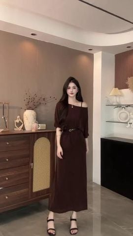 Đầm thun hai dây midi kèm áo