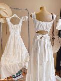 Đầm hai dây cotton thêu kem nhún xòe dáng maxi
