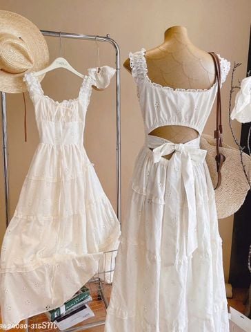 Đầm hai dây cotton thêu kem nhún xòe dáng maxi