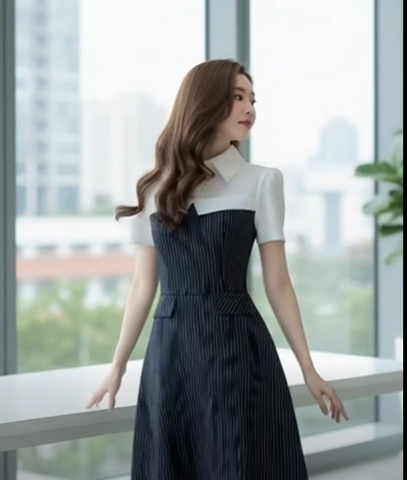 Đầm xòe sọc phối trắng ngắn tay dáng midi