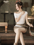 Set thun lệch vai chân váy A dáng mini