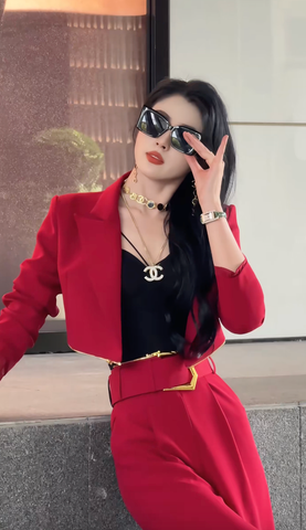 Set áo blazer quần lưng cao