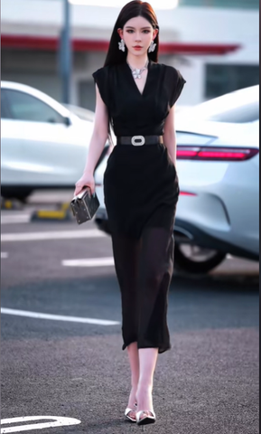 Đầm cổ V dáng midi