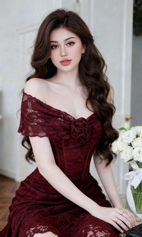 Đầm ren ôm bẹt vai đính hoa dáng mini