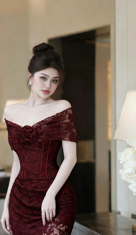 Đầm ren ôm bẹt vai đính hoa dáng mini