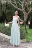 Đầm xòe ren xanh hai dây dáng midi