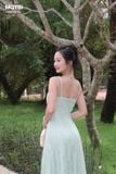 Đầm xòe ren xanh hai dây dáng midi