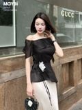 Áo kiểu bẹt vai tằm ánh đen kèm thắt lưng hoa