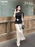 Áo kiểu bẹt vai tằm ánh đen kèm thắt lưng hoa