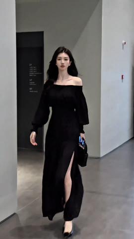 Đầm bẹt vai xẻ tà dáng maxi