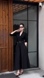 Đầm nhún xòe cổ V dài tay dáng midi