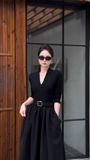 Đầm nhún xòe cổ V dài tay dáng midi