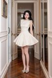 Đầm xòe cotton chấm bi kem phối ren dáng mini