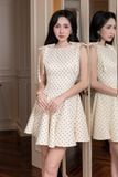 Đầm xòe cotton chấm bi kem phối ren dáng mini