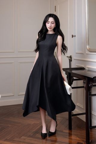 Đầm midi dáng xòe cotton lạnh xếp ly vai