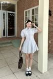 Đầm sơ mi ôm tùng xòe tay nhún phồng dáng mini