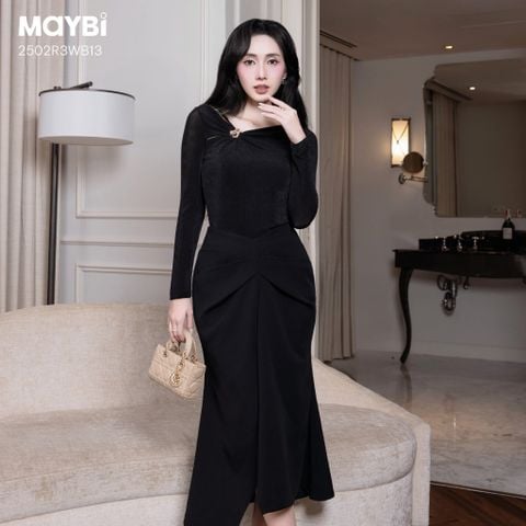 Chân váy midi ôm tuyết mưa phối xếp ly kiểu