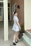 Đầm sơ mi ôm tùng xòe tay nhún phồng dáng mini