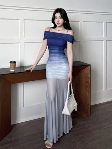 Đầm thun lưới bẹt vai đuôi cá