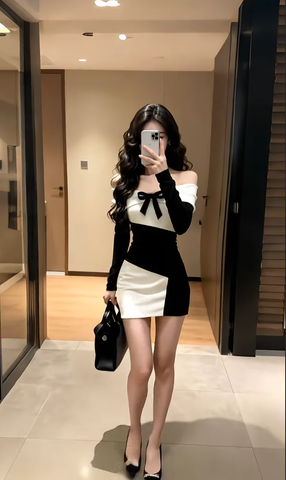 Đầm thun ôm trễ vai dài tay dáng mini