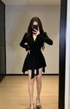 Đầm xòe dài tay buộc nơ eo dáng mini